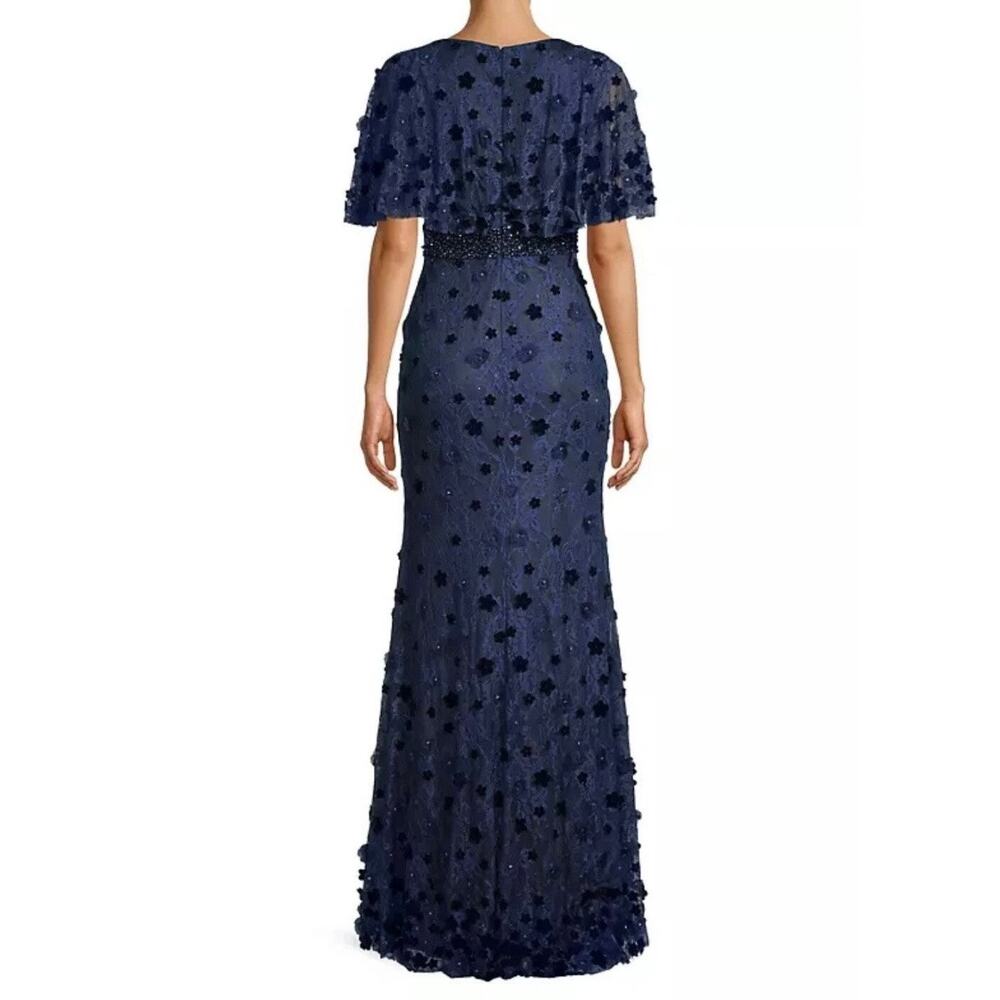 Mac Duggal Embellished Blue Maxi Gown Dress sz 4 Floral Cape style sleeve 67712 - Picture 6 of 8
